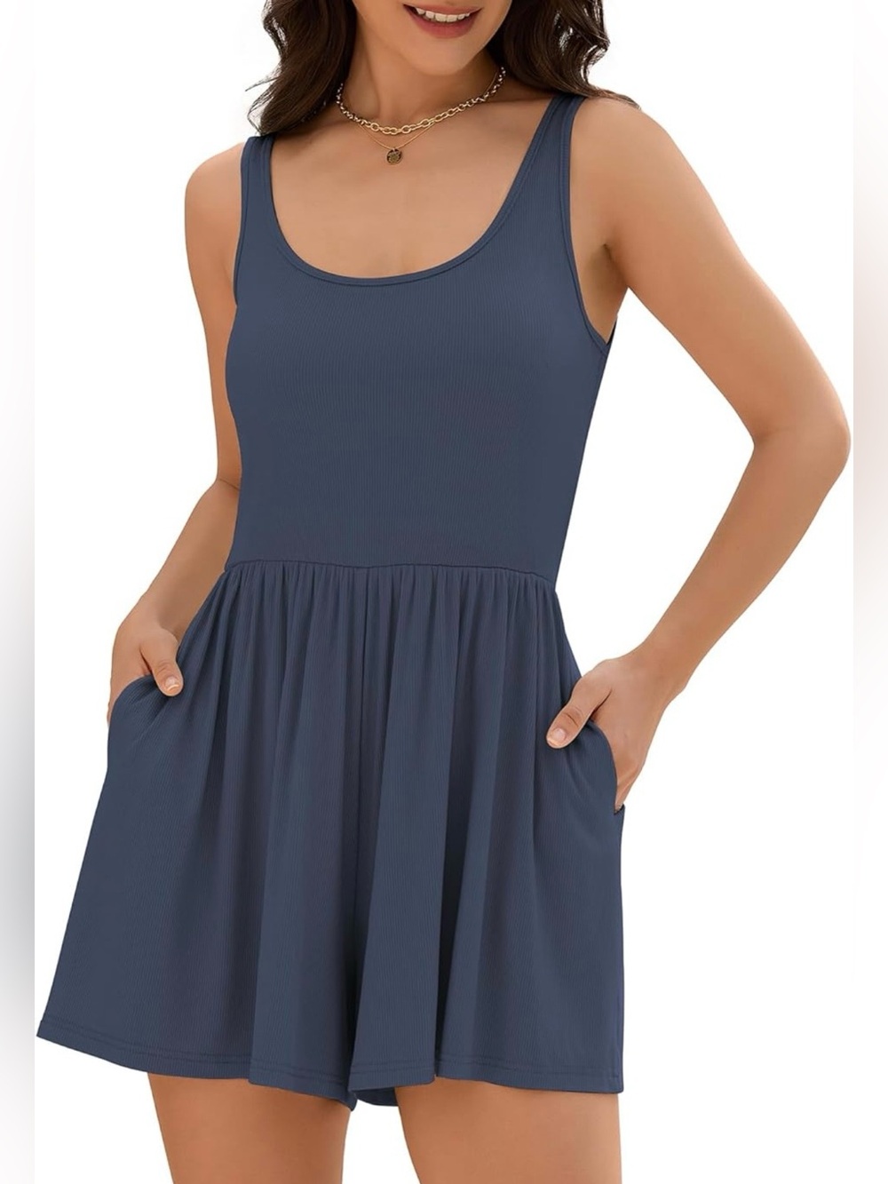 Blue Sleeveless Romper Dress w/ Pockets Soft Casual Lounge